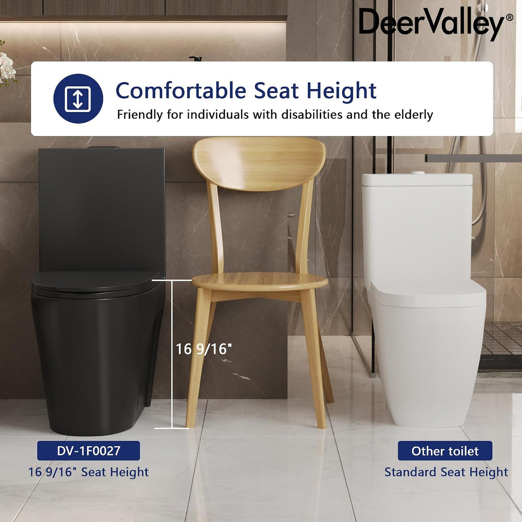 DeerValley Elongated One Piece Toilet with Comfort Height, Dual Flush Toilet with Soft Close Seat, High Efficiency 1.1/1.6 GPF 12'' Rough-In Matte Black Toilet