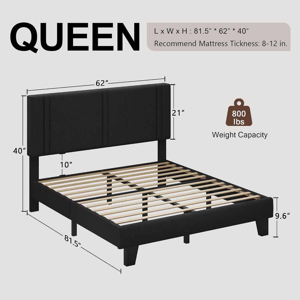 Einhomn Upholstered Queen Size Bed Frame with Linen Fabric Headboard, Strong Wooden Slats Support, Noise Free, No Box Spring Needed, Black