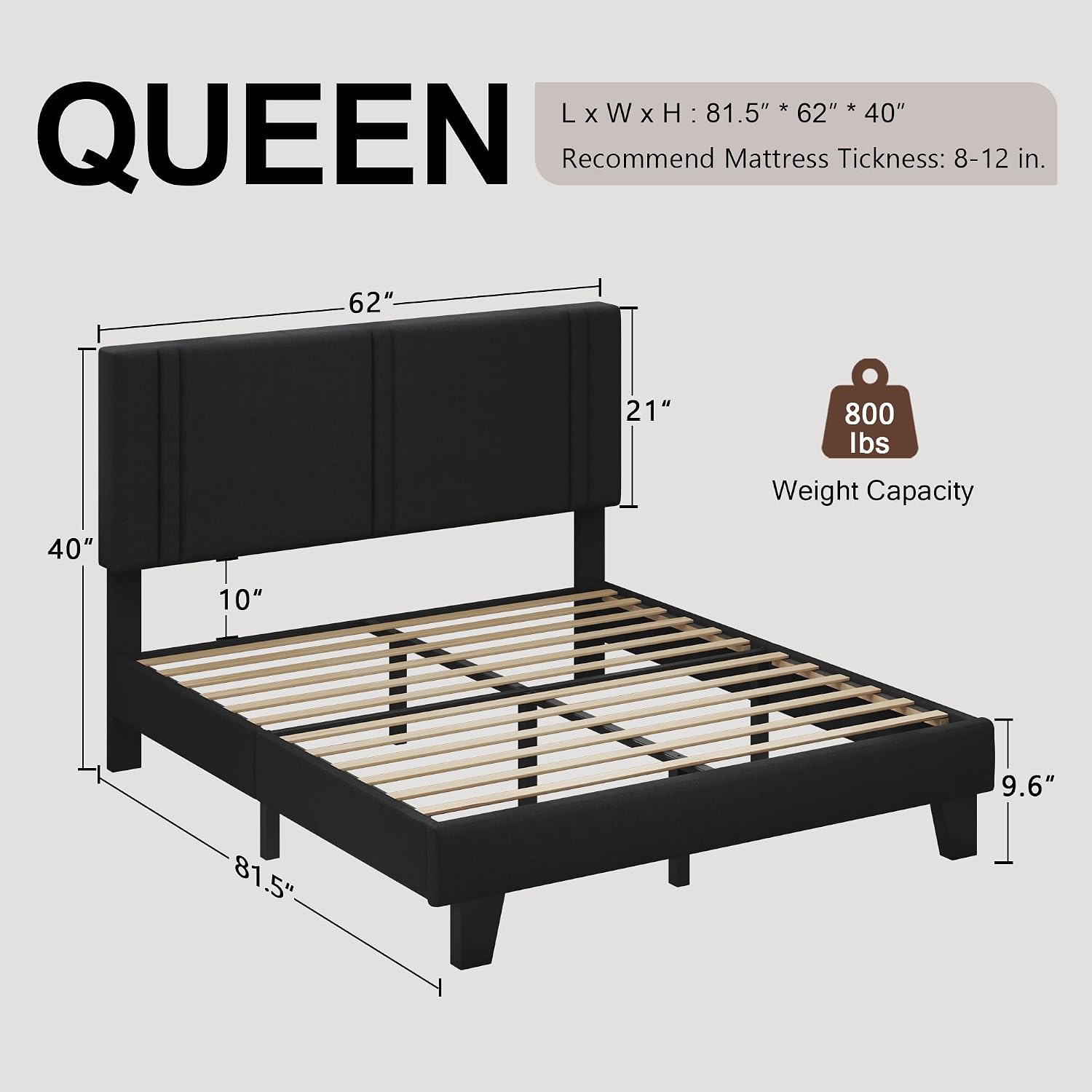 Einhomn Upholstered Queen Size Bed Frame with Linen Fabric Headboard, Strong Wooden Slats Support, Noise Free, No Box Spring Needed, Black