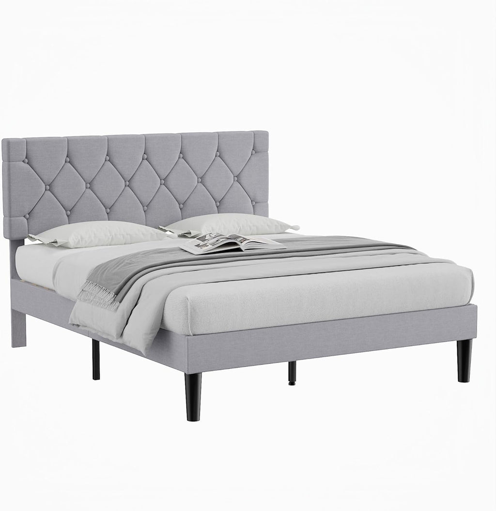 VECELO Queen Size Bed Frame with Button Tufted Headboard, Upholstered Platform Bedframe with Wood Slat Support, No Box Spring Needed, Linen Grey