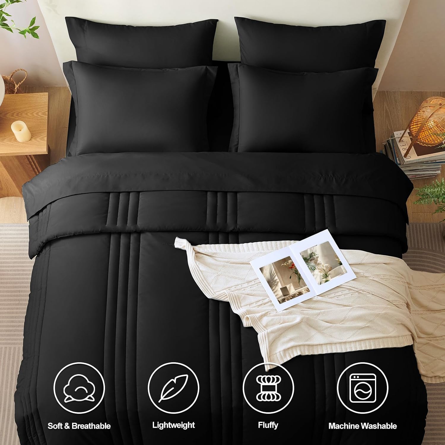 CozyLux Super King Plus Comforter Set Black - 7 Pieces Bed in a Bag, Modern Vertical Quilted Room Decor, Soft All-Season Bedding Gift with Comforter, Sheets, Pillowcases & Shams