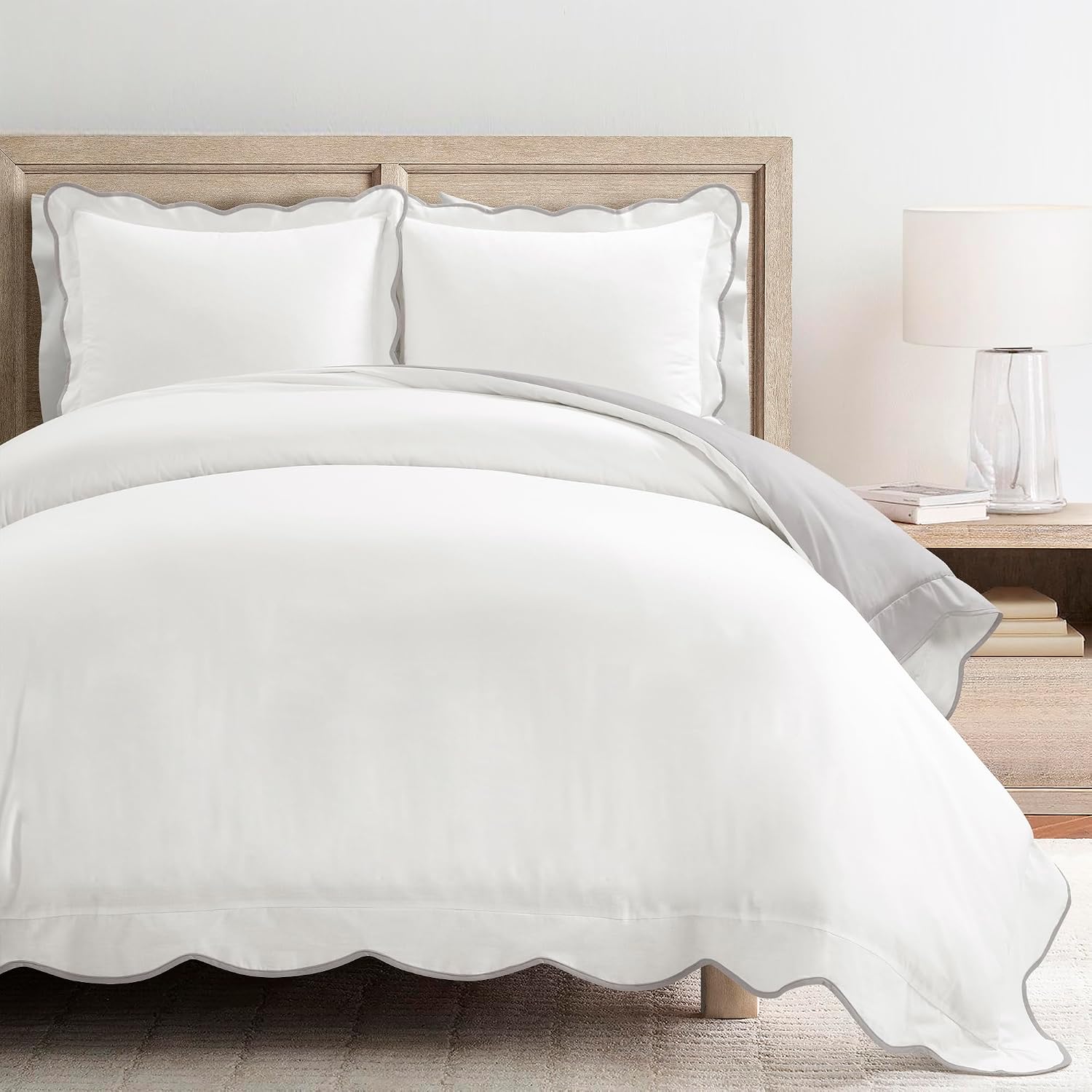 Lush Decor Coastal Chic Scalloped Edge Cotton Duvet Cover Set, 3 Piece Set, King, Gray & White - King Bedding Set - White Duvet Cover King - Coastal Decor