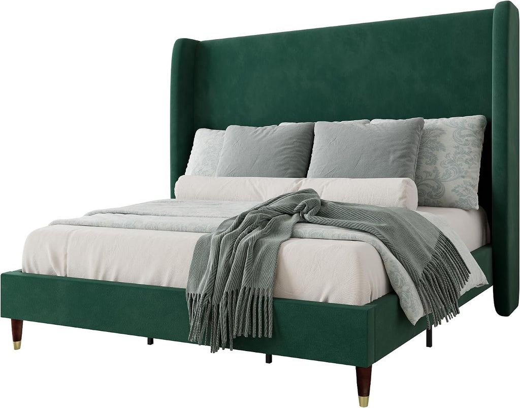 Jocisland Queen Size Bed Frame 51.2' Wingback Headboard Velvet Upholstered Platform Bed with Solid Wood Legs & Wooden Slats, No Box Spring Needed, Modern Minimalist Style, Easy Assembly, Dark Green