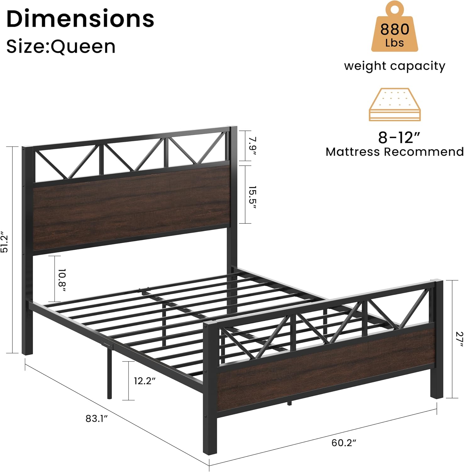 LIKIMIO Queen Bed Frame, Tall Industrial Headboard 51.2 ', Platform Bed Frame with Strong Metal Support, Solid and Stable, Noise Free, No Box Spring Needed, Easy Assembly, Dark Brown