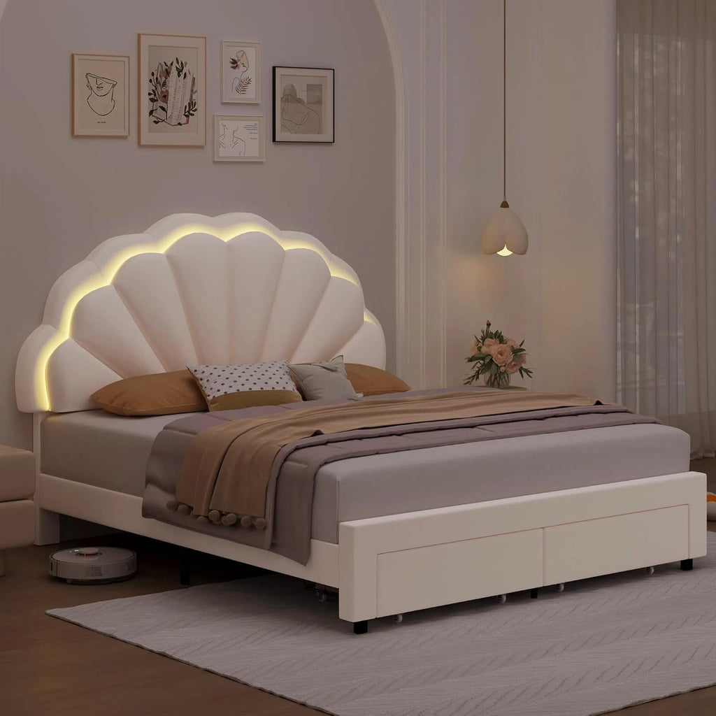 HIFIT Full Upholstered LED Bed Frame with 2 Storage Drawers and Adjustable Chic Double Petal Headboard, Soft Velvet Princess Platform Bed for Girls, Solid Wood Slat Support/No Box Spring Needed, Beige