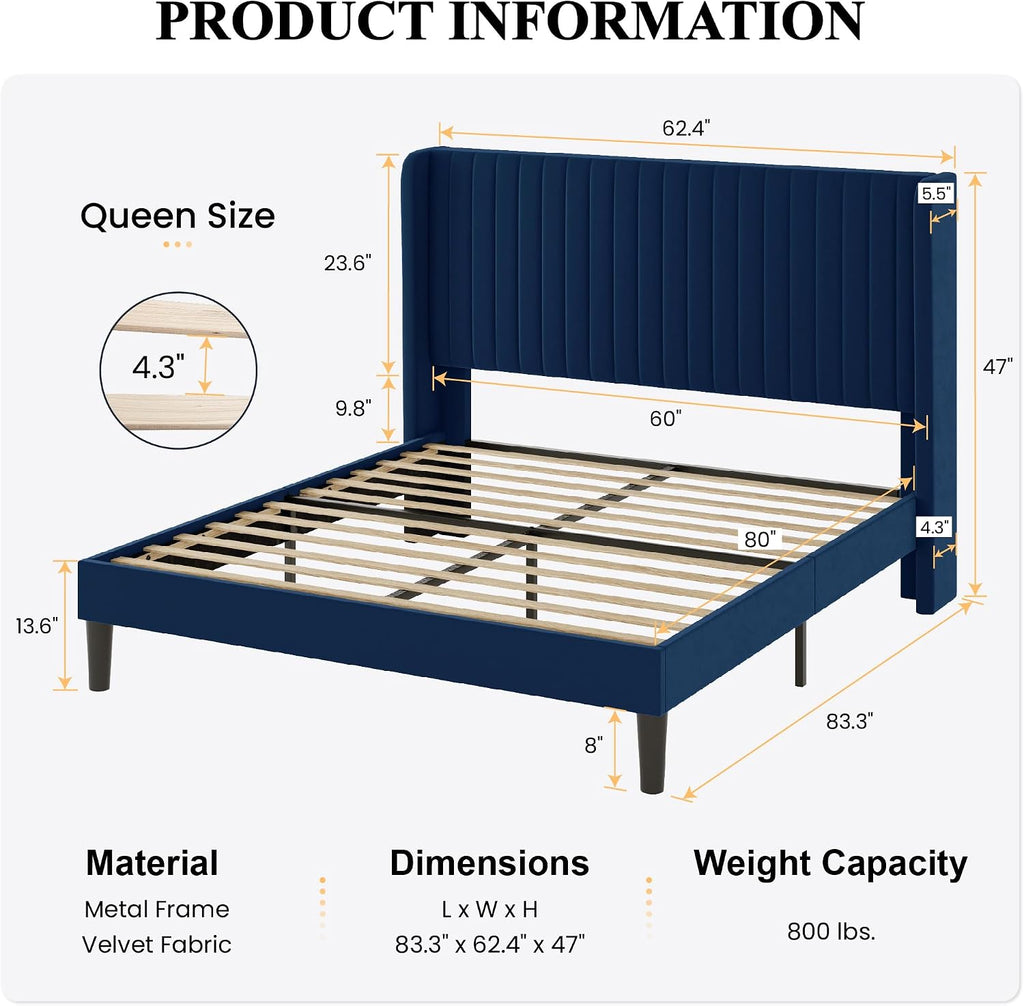 SHA CERLIN Queen Size Velvet Bed Frame with Vertical Channel Tufted Wingback Headboard, Upholstered Platform Bed with Wood Slats, No Box Spring Needed, Easy Assembly, Blue