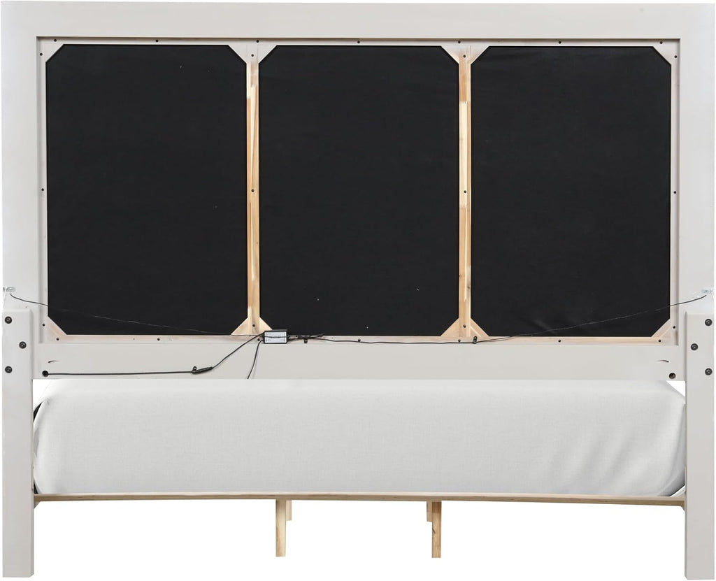 Furniture of America Bailer Modern Solid Wood 6-Piece Bedroom Set with LED on Headboard, Stainless Steal Posts and Marble Top on Nightstand, Box Spring Needed, King, Weathered Gray