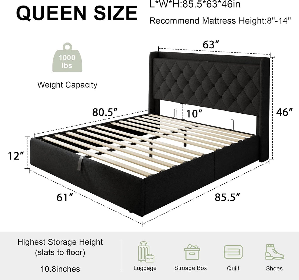 Feonase Lift Up Storage Bed Frame with Charging Station, Button Tufted Headboard Platform Bed Frame with Hydraulic Storage, Wooden Slat Support, No Box Spring Needed, Noise-Free (Black, Queen)