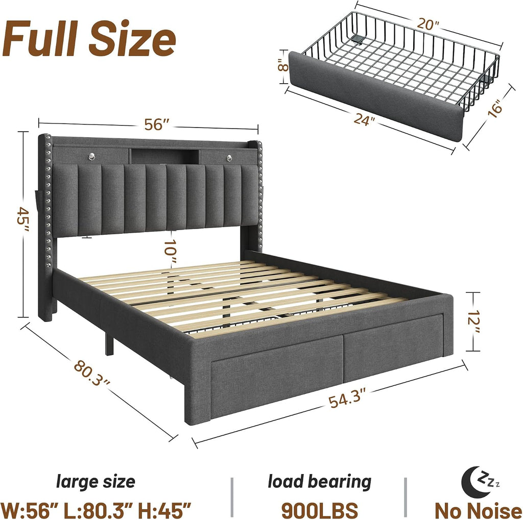 CypBed Full Size Upholstered Platform Bed Frame with 2-Tier Storage Headboard, USB & Type-C Charging Ports, 2 Storage Drawers, Solid Wood Slats, No Box Spring Needed, No-Noise, Dark Grey