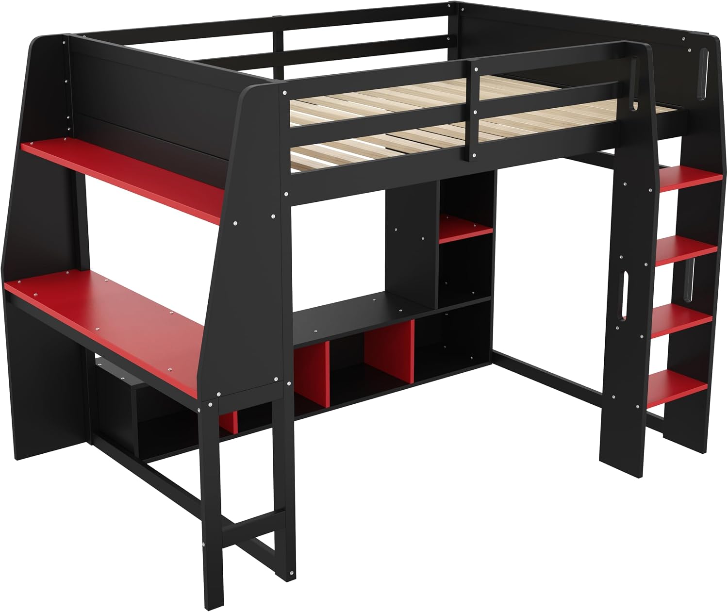 Solid Wood Gaming Loft Bed Full Size with Desk & Shelves & Hanging Rack & LED,Esports Design for PC & Console Gamers,Space Saving Loft Bed Frame with Guardrails & Ladder,No Box Spring Needed,Black