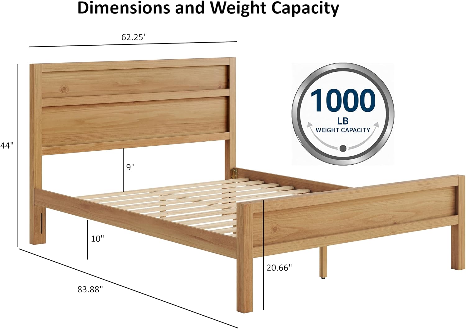 ComfIQ Solid Wood Platform Bed with Wooden Slats – Durable Frame, No Box Spring Required, Ample Underbed Storage, Pine, Queen, Bed and Clean-Line Headboard