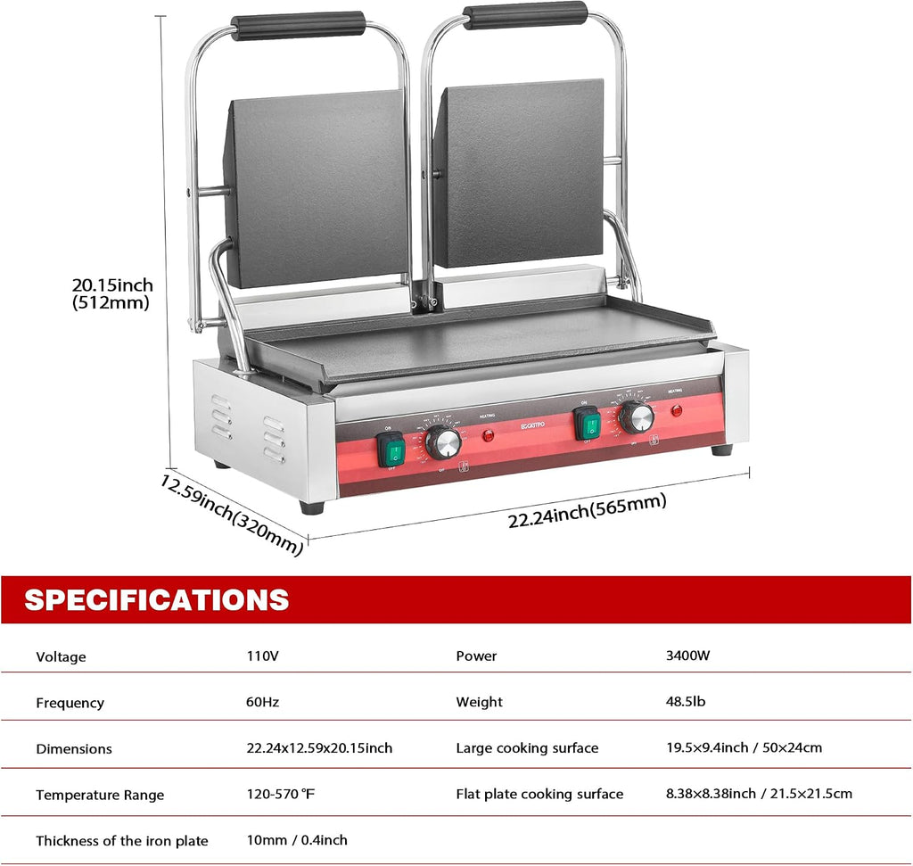 EGGKITPO Commercial Dual Panini Press with 2 Flat Plates Electric Panini Grill with Temperature Control and Handle 19.5' ×9.4' Large Cast Iron Sandwich Maker for Kitchen Business 110V 3400W