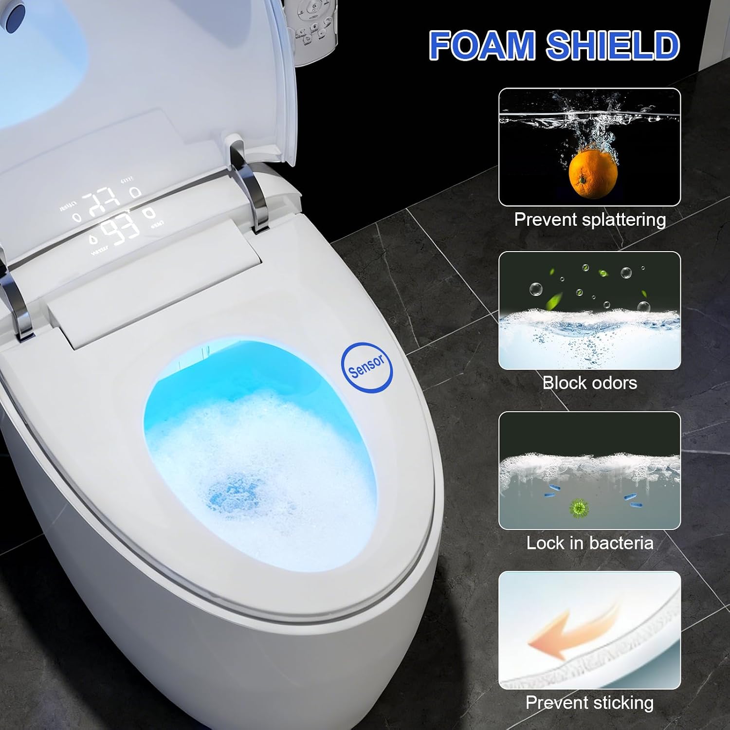 Smart Toilet with Bidet Built in, Bidet Toilet with Foam Shield, Auto Open/Close Lid & Dual Flush, Instant Warm Water & Dryer, Tankless One Piece Elongated Toilet, Foot Sensor, Night Light