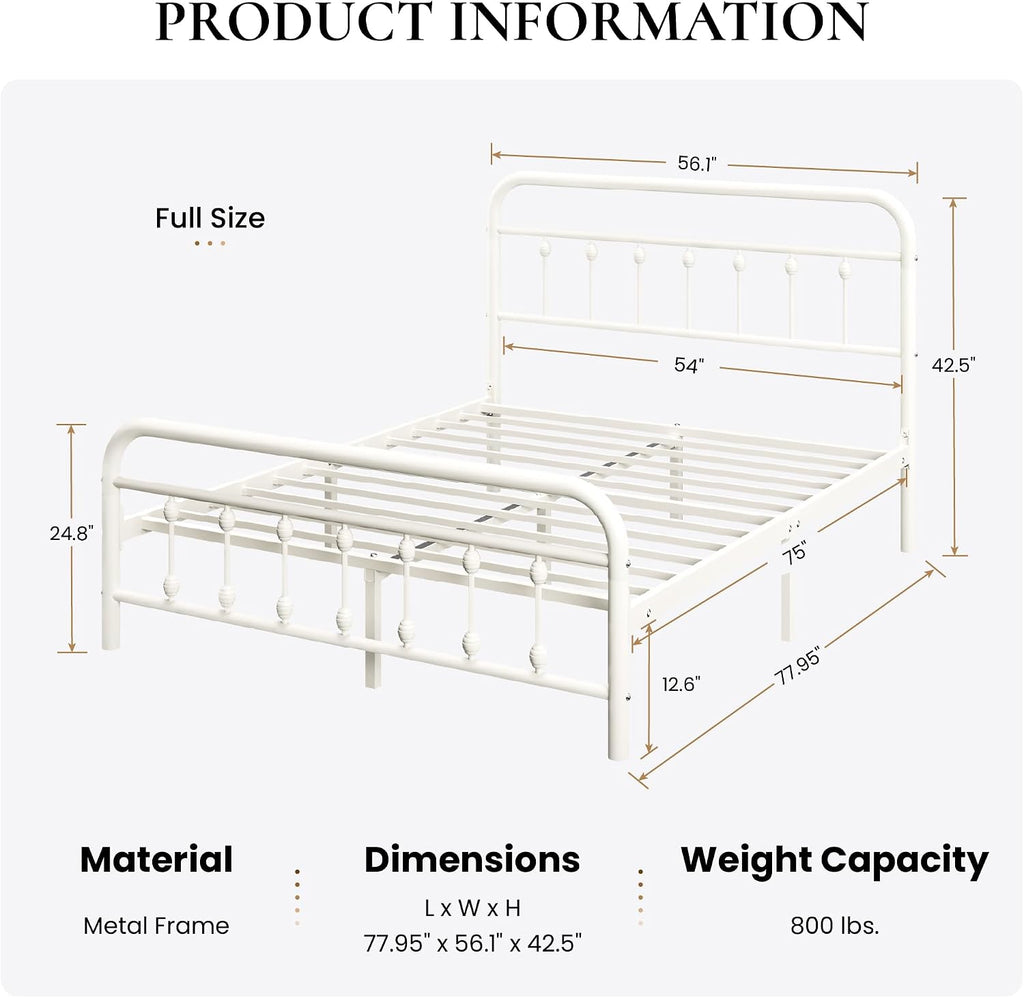 SHA CERLIN Full Size Metal Platform Bed Frame with Victorian Style Iron-Art Headboard and Footboard, Easy Assembly, Under Bed Storage, No Box Spring Required, Off White