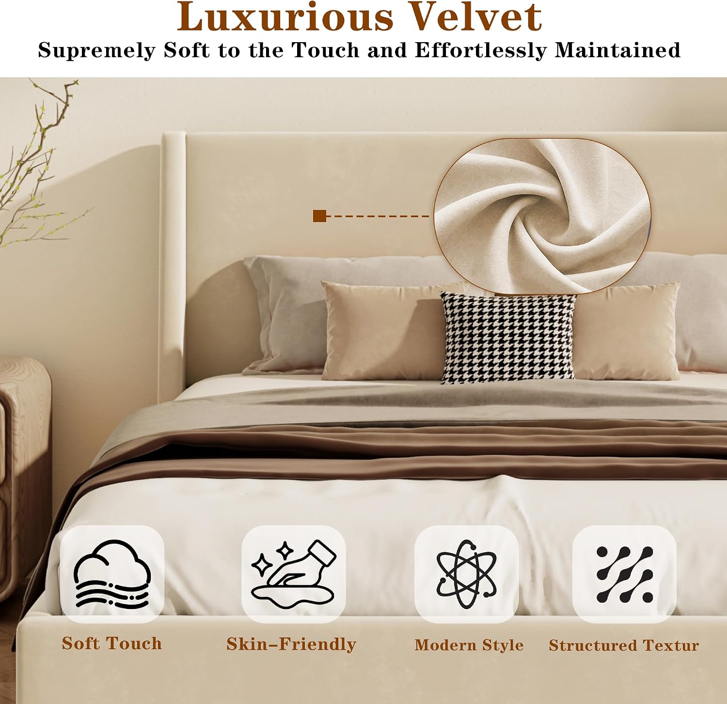 King Size Upholstered Platform Bed Frame, Modern Wingback Bed with Headboard, Upholstered Bed Frames with Walnut Wooden Legs, No Box Spring Needed/Easy Assembly, Beige Velvet