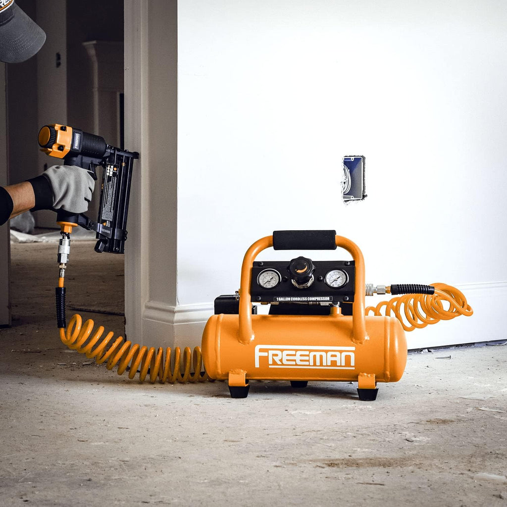 Freeman PE1GCCK 20V Cordless 1 Gallon Air Compressor with 3-in-1 Pneumatic Finish Nailer/Stapler, Battery, Charger, Air Hose, Inflation Accessory Kit and Fasteners (600 Count) – 700 Shots per Charge