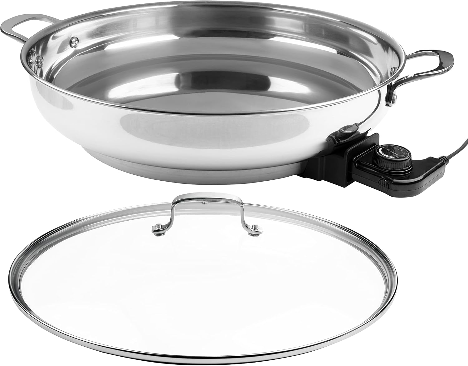 XL Electric 16' Skillet By CucinaPro- 18/10 Stainless Steel Frying Pan with Tempered Glass Lid and Handle, Round with Adjustable Temperature Control Probe, Portable, Includes Recipe Guide, Great Gift