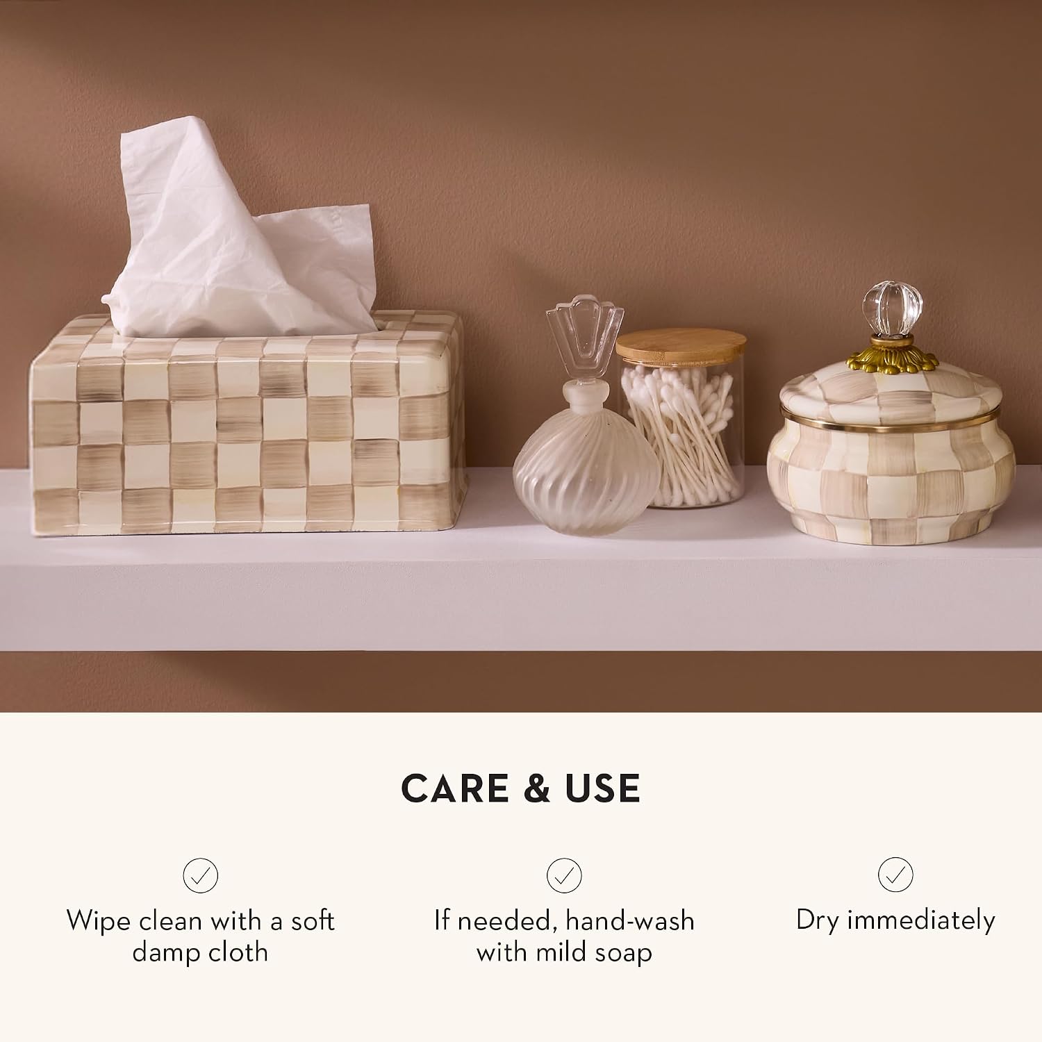 MACKENZIE-CHILDS Enamel Toilet Tissue Storage, Decorative Toilet-Paper Holder Stand for Bathroom, Brown-and-White Mocha Check