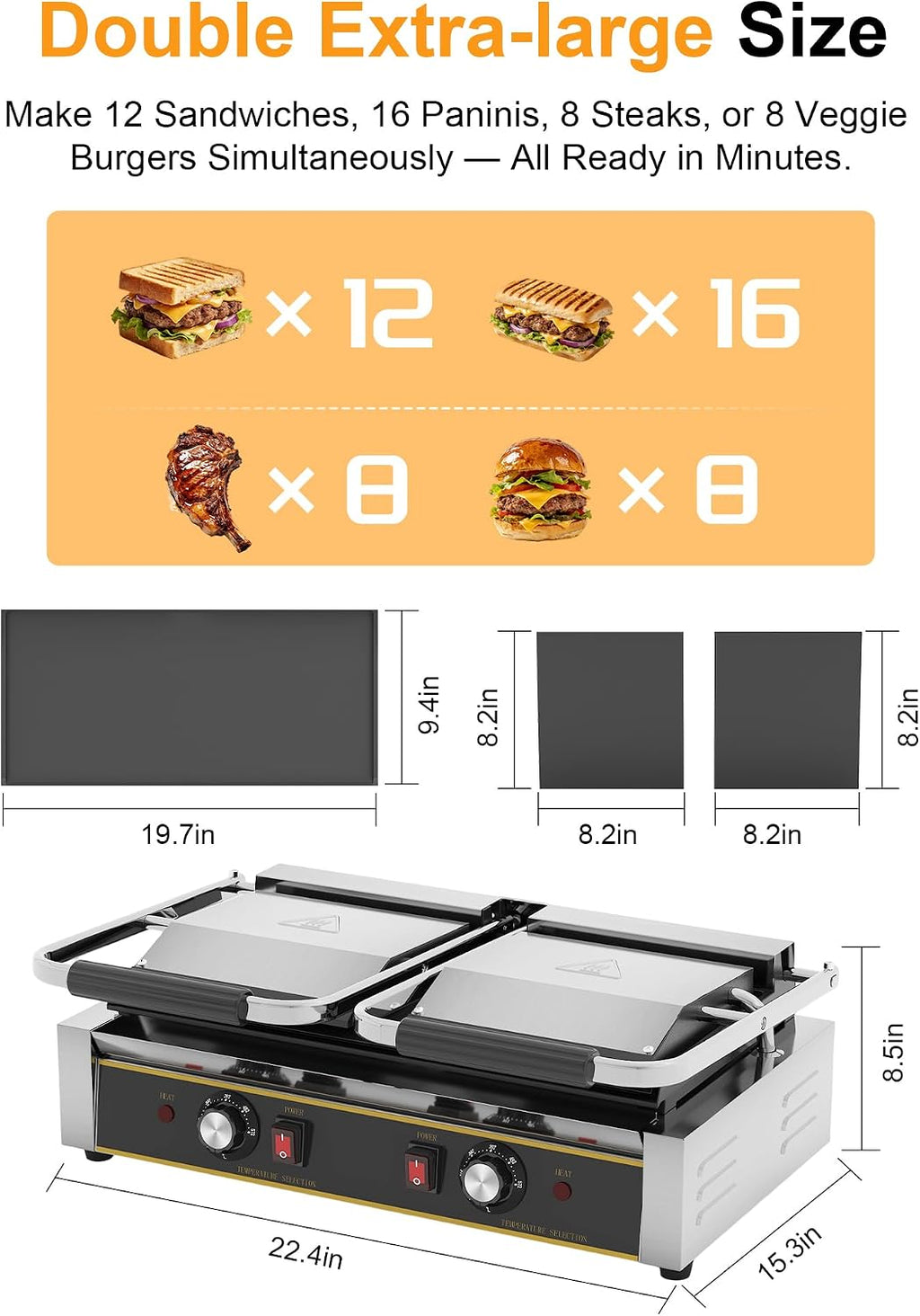 Commercial Panini Press - 3600W Double Sandwich Press, Stainless Steel Electric Panini Grill w/Dual Independent Temp Controls, 19'x9' Full Flat Smooth Cooking Pan for Hamburger Steak Bacon