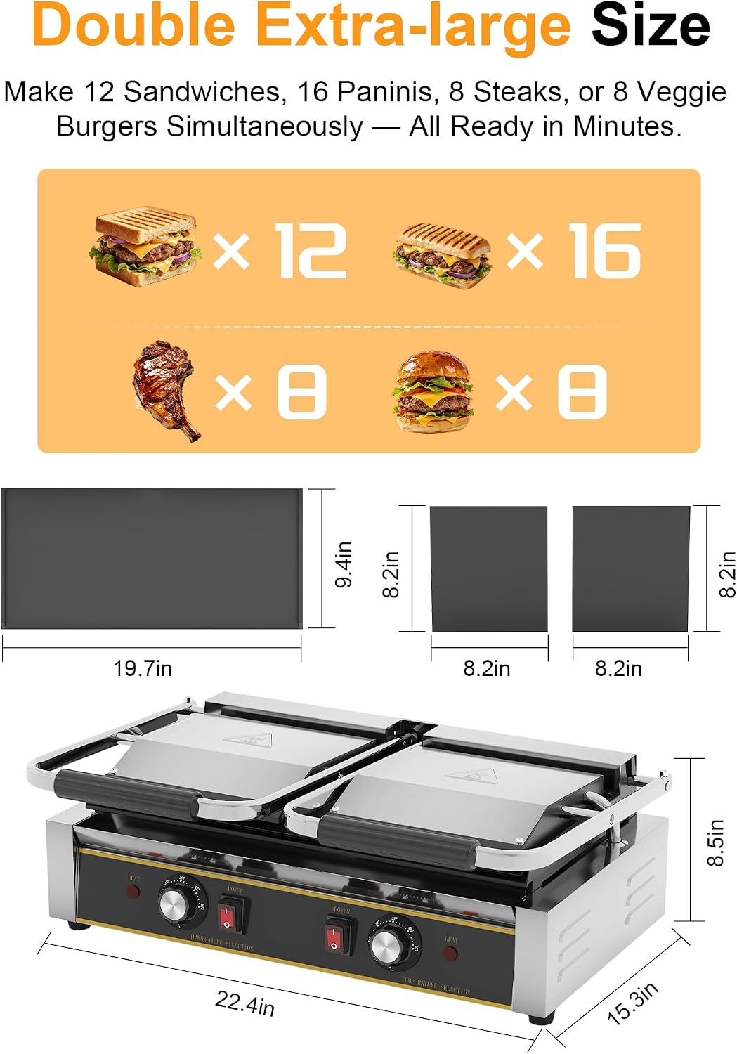 Commercial Panini Press - 3600W Double Sandwich Press, Stainless Steel Electric Panini Grill w/Dual Independent Temp Controls, 19'x9' Full Flat Smooth Cooking Pan for Hamburger Steak Bacon