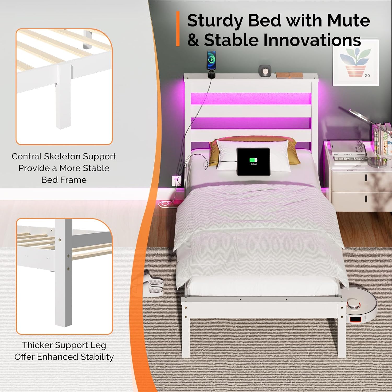 VINGLI LED Twin Bed Frame Set of 2 Solid Wood Platform Single Bed with Headboard Shelf USB Charging Station,Panel Bed, Wood Slat Support Mattress Foundation, White