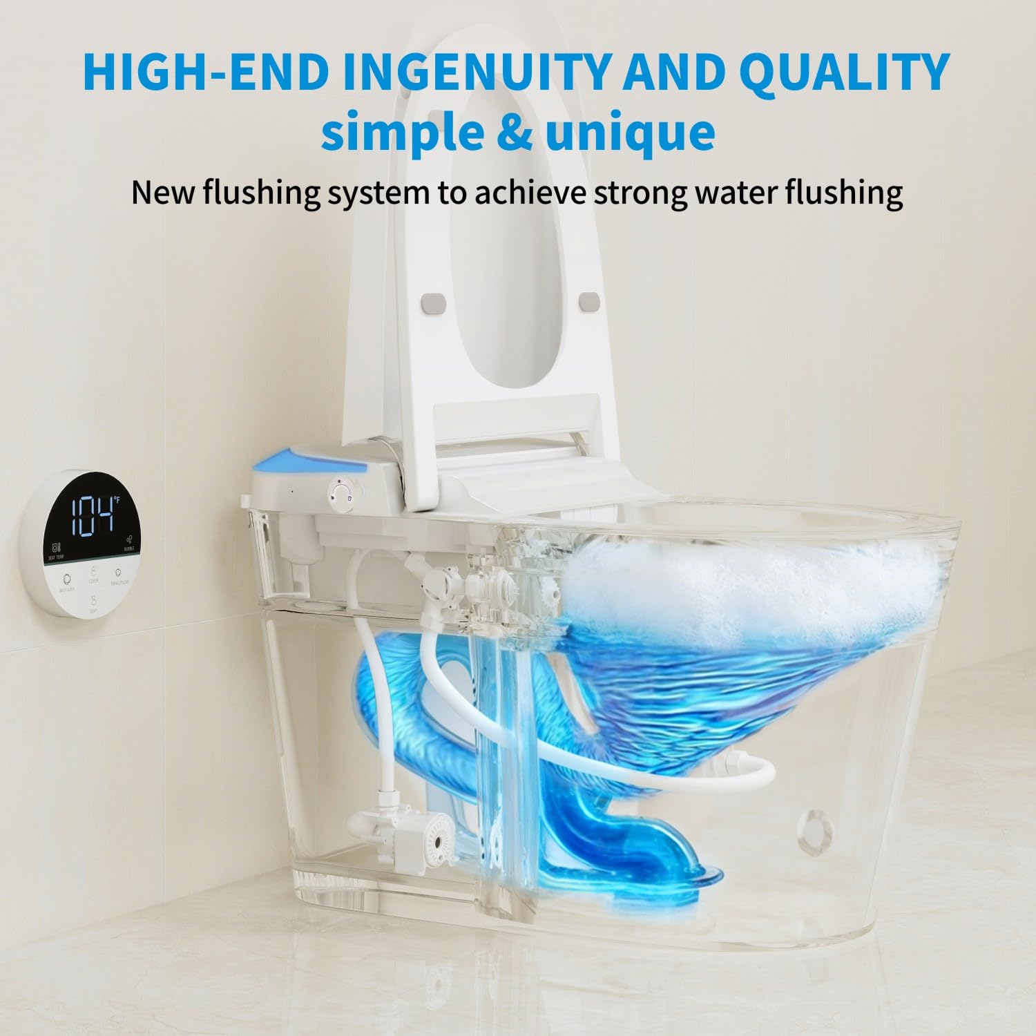 Smart Toilet with Powerful Flush, Auto Open/Close Lid, Foot Sensor,One Piece Toilet with Elongated Heated Seat,Foam Shield,Soft Close, Tankless Toilet with Fahrenheit Temp Display, Night Light.