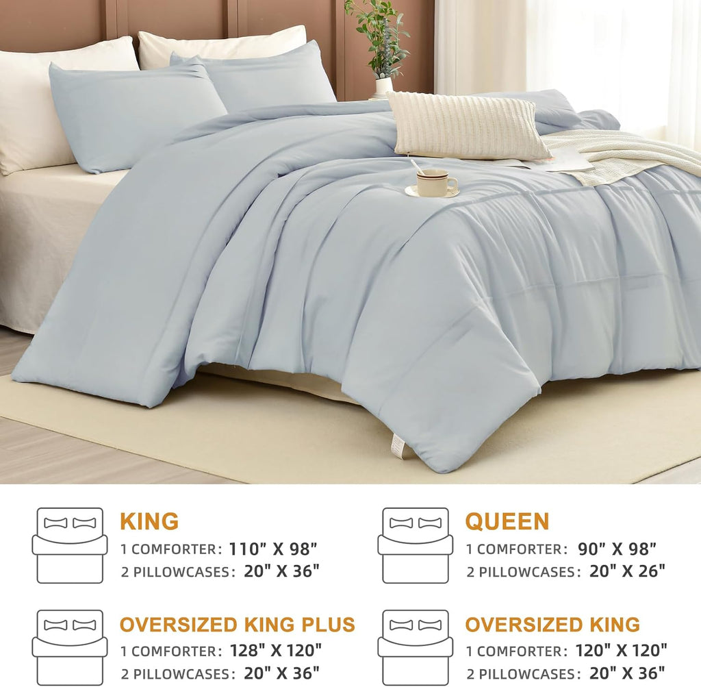 Masaca Oversized King Comforter 128x120,3 Pieces Pinch Pleated Light Blue Comforter Set Lightweight Modern Style Farmhouse Extra Large King Size Bedding for All Season
