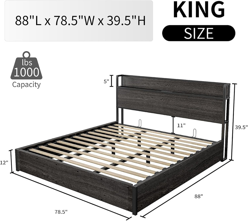 LUXOAK King Size Lift Up Storage Bed, Wood Platform Bed Frame with Storage Headboard & Charging Station, No Box Spring Needed, Easy Assembly, Black