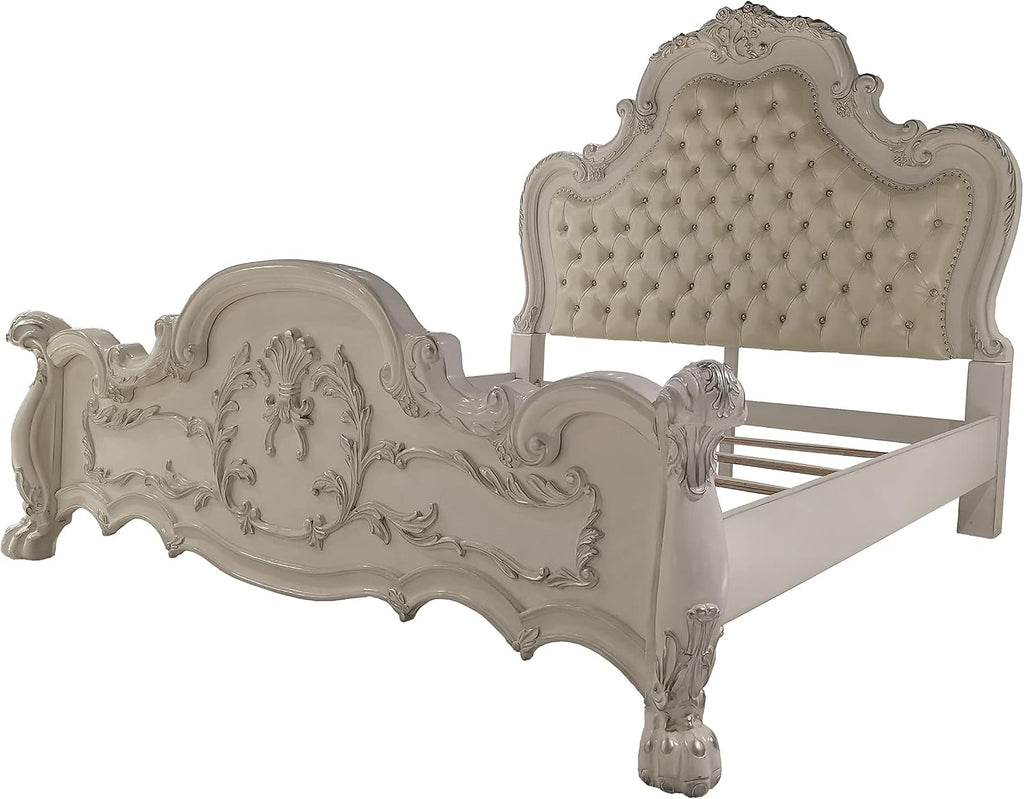 Acme Dresden Wooden Bed with Faux Leather Upholstery in Bone White