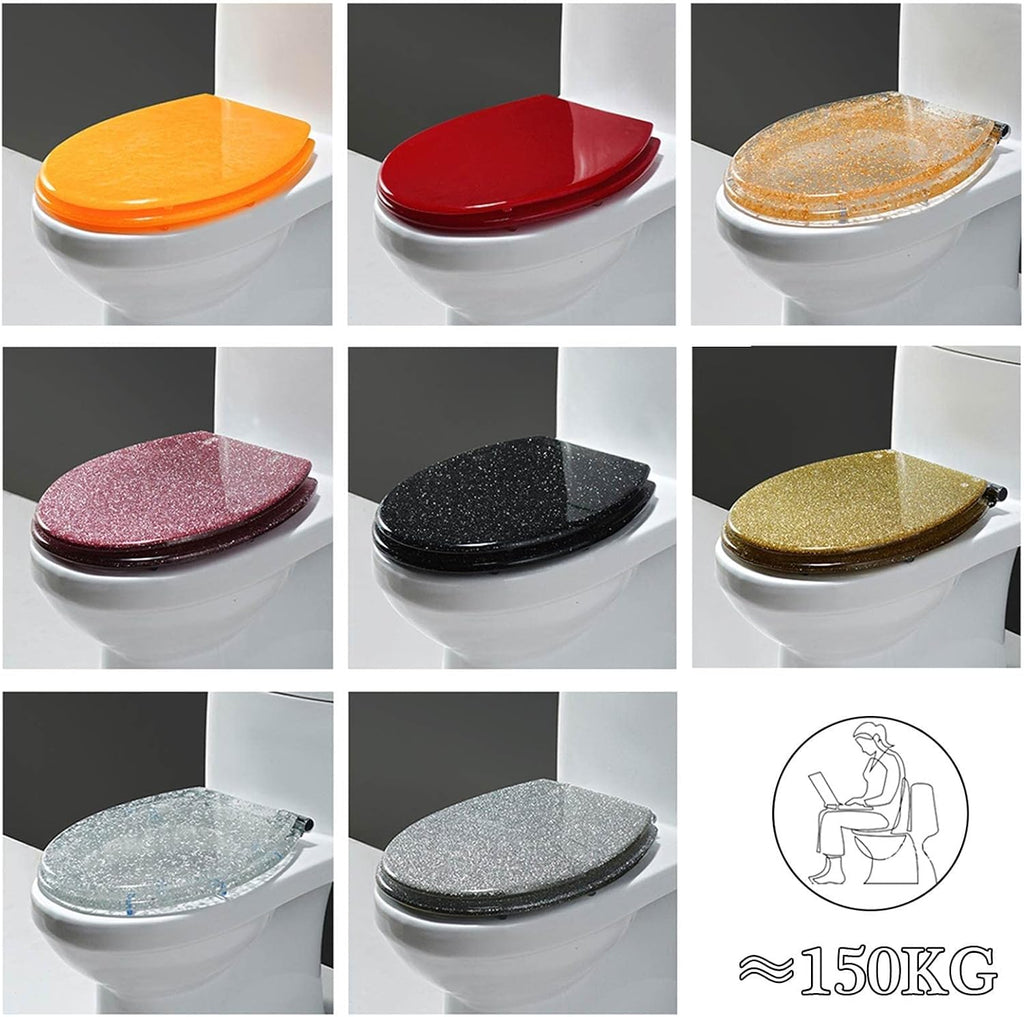 Glitter Resin Toilet Seat Elongated, Soft Close Quick Release, Easy Installation/Remove, Fit All Standard Oval-Shape (Black)