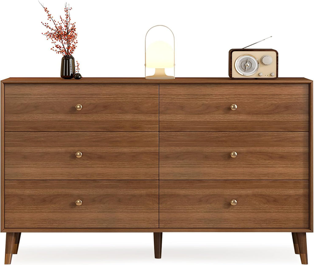 Messenya 6 Drawer Dresser for Bedroom, 47 Inch Walnut Dresser for Closet, Mid Century Wood Chest of Drawers with Natural Texture & Pre-Embedded Slots for TV Stand, Living Room, Hallway, Office