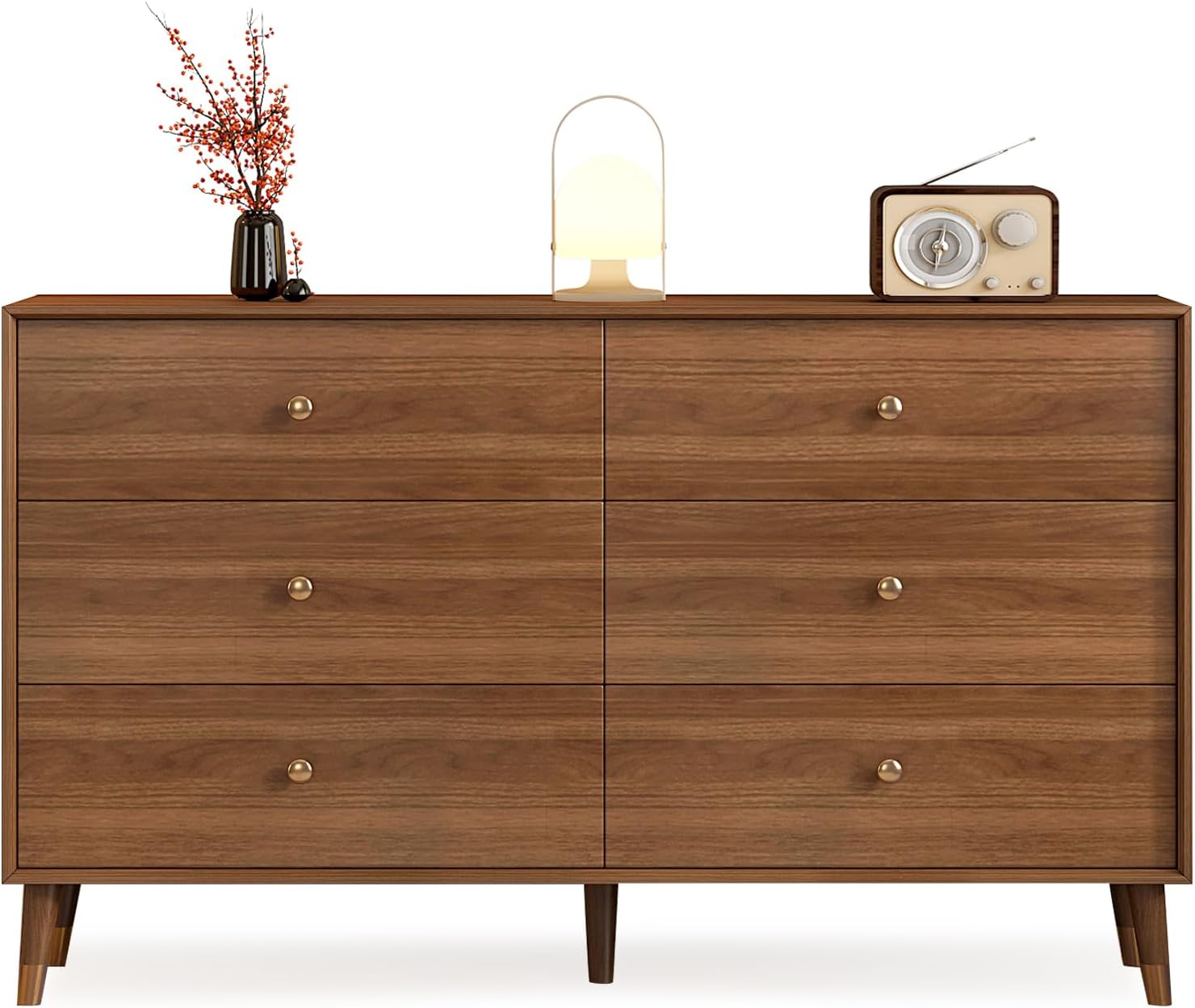 Messenya 6 Drawer Dresser for Bedroom, 47 Inch Walnut Dresser for Closet, Mid Century Wood Chest of Drawers with Natural Texture & Pre-Embedded Slots for TV Stand, Living Room, Hallway, Office