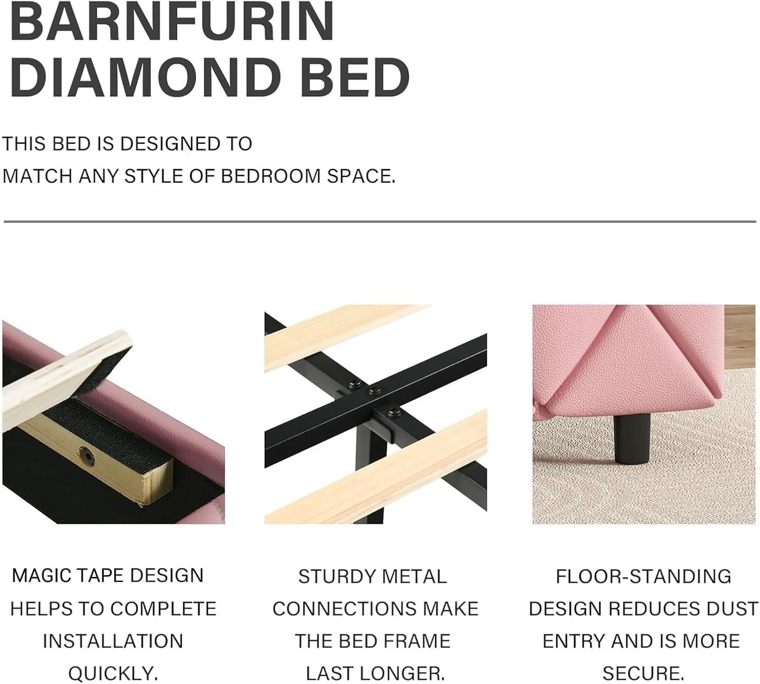 BarnFurin Queen Bed Frame with Headboard, Faux Leather Upholstered Bed with Diamond Tufted Design, Modern Platform Bed Frame, No Box Spring Required, Easy Assembly, Pink