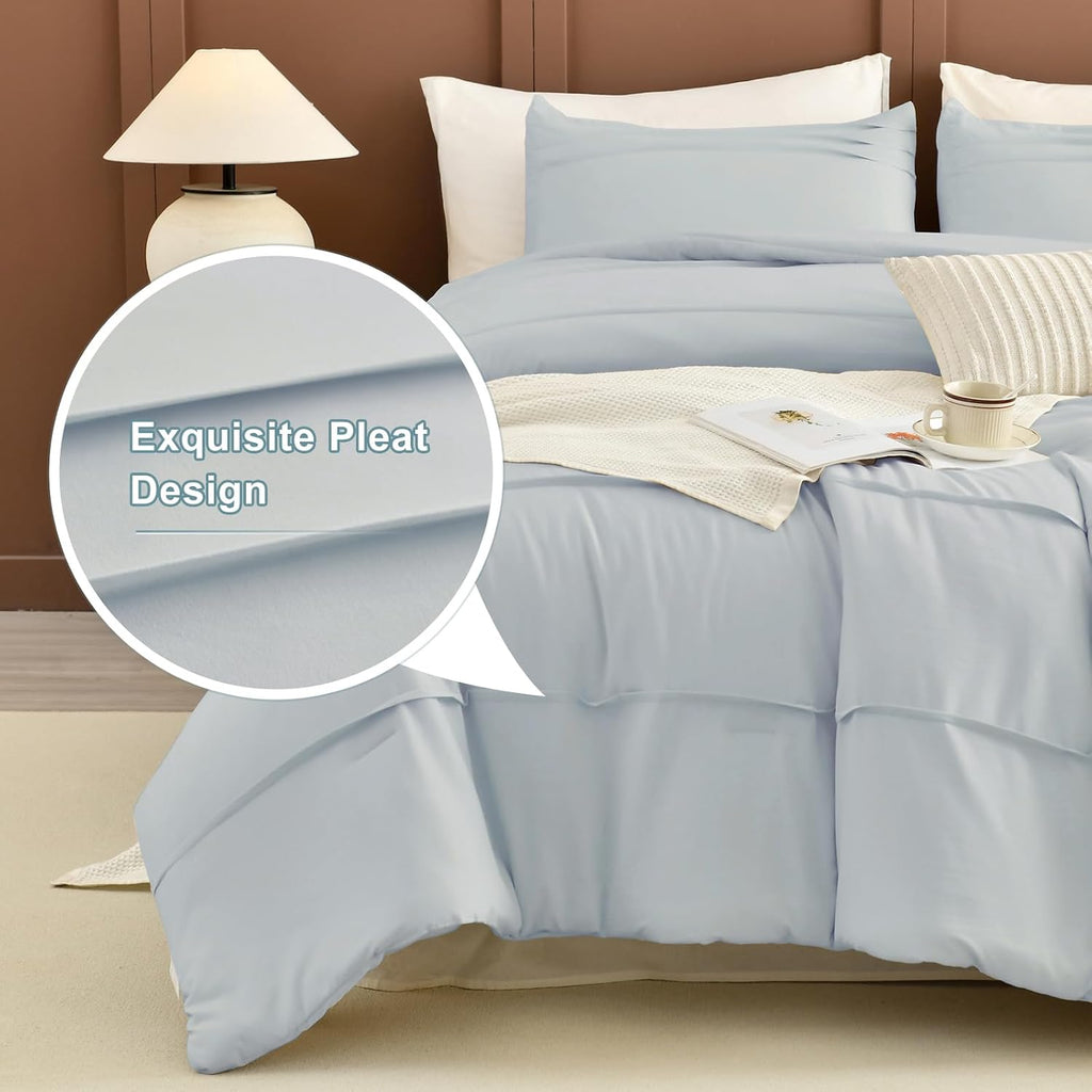 Masaca Oversized King Comforter 128x120,3 Pieces Pinch Pleated Light Blue Comforter Set Lightweight Modern Style Farmhouse Extra Large King Size Bedding for All Season