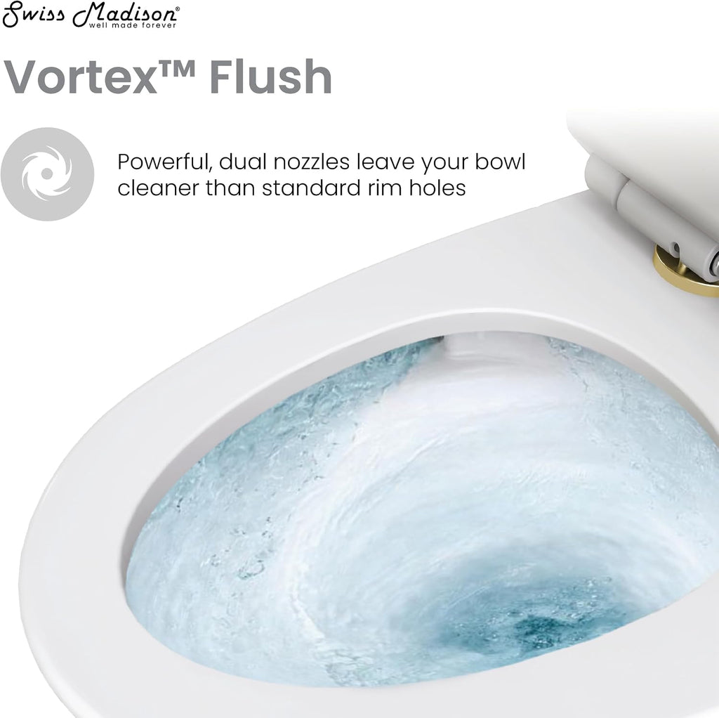 St. Tropez One Piece Elongated Toilet Dual Vortex Flush, Gold Hardware