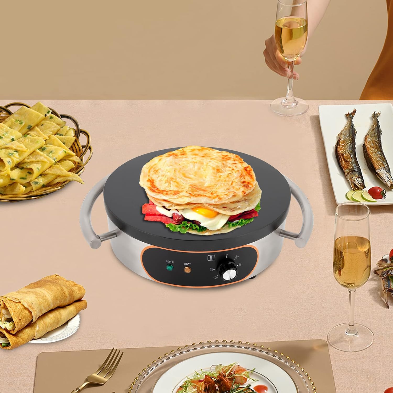 16 In Crepe Maker, Commercial Electric Nonstick Pancake Maker Machine with Nonstick Round Crepe Hotplate Griddle Machine For Tortilla Eggs BBQ, 1500W