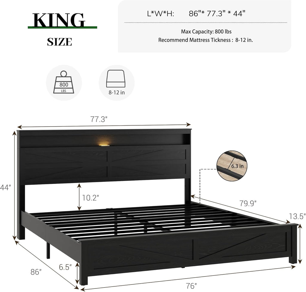 King Size Bed Frame with Headboard, Rustic Farmhouse Wood Bed Frame with LED Lights and Charging Station, Easy Assembly, No Box Spring Needed (Black, King)