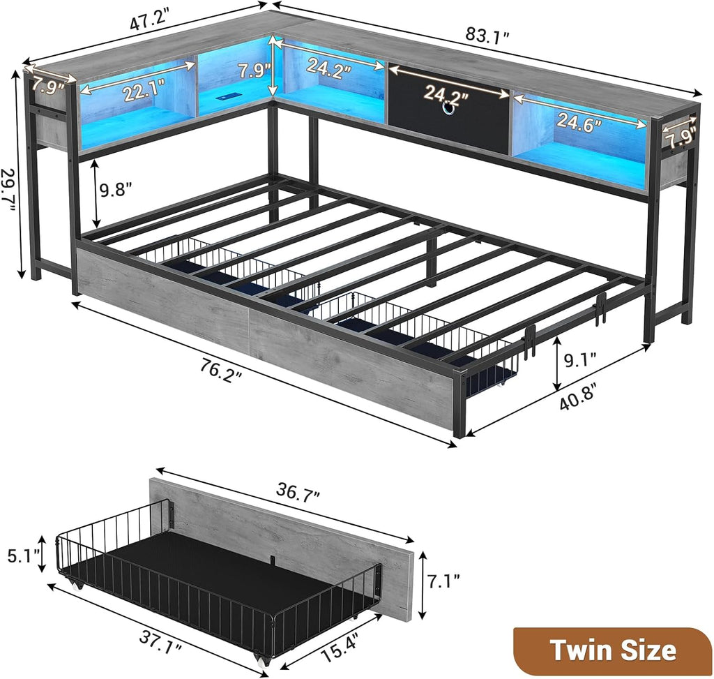 Hasuit Twin Corner Bed Frame with Storage Drawers and Bookcase Headboard, Twin Size Metal Platform Corner Bed Frame with Charging Station and LED Lights, Twin Daybed for Kids Teens Guests, Oak Gray