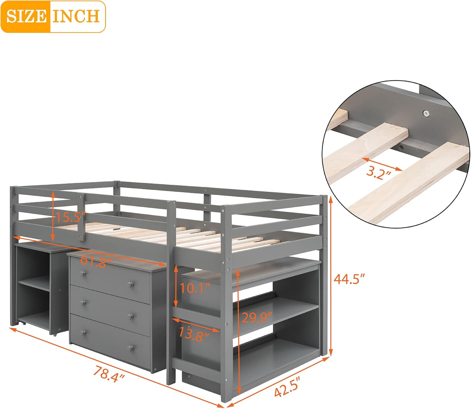 Harper & Bright Designs Twin Size Low Loft Bed with Desk and Storage Cabinet, Wooden Low Study Loft Bed with Drawers, for Kids Teens Girls Boys - Gray