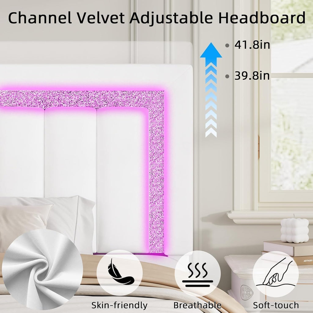 HOMBCK Twin Bed Frame with LED Lights and Velvet Upholstered Adjustable Headboard, Twin Size Bed Frames with Diamond Headboard & Footboard, Wood Slats Support, Noise Free, No Box Spring Needed, White