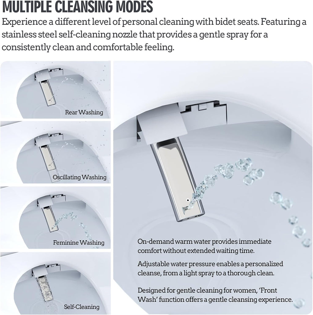 WLJBIDET Heated Bidet Toilet Seat with Dual-Position Control Mode, Side Panel & Remote Control, Self-Cleaning Nozzle, Adjustable Warm Water and Dryer, Display Screen, Night Light, Round