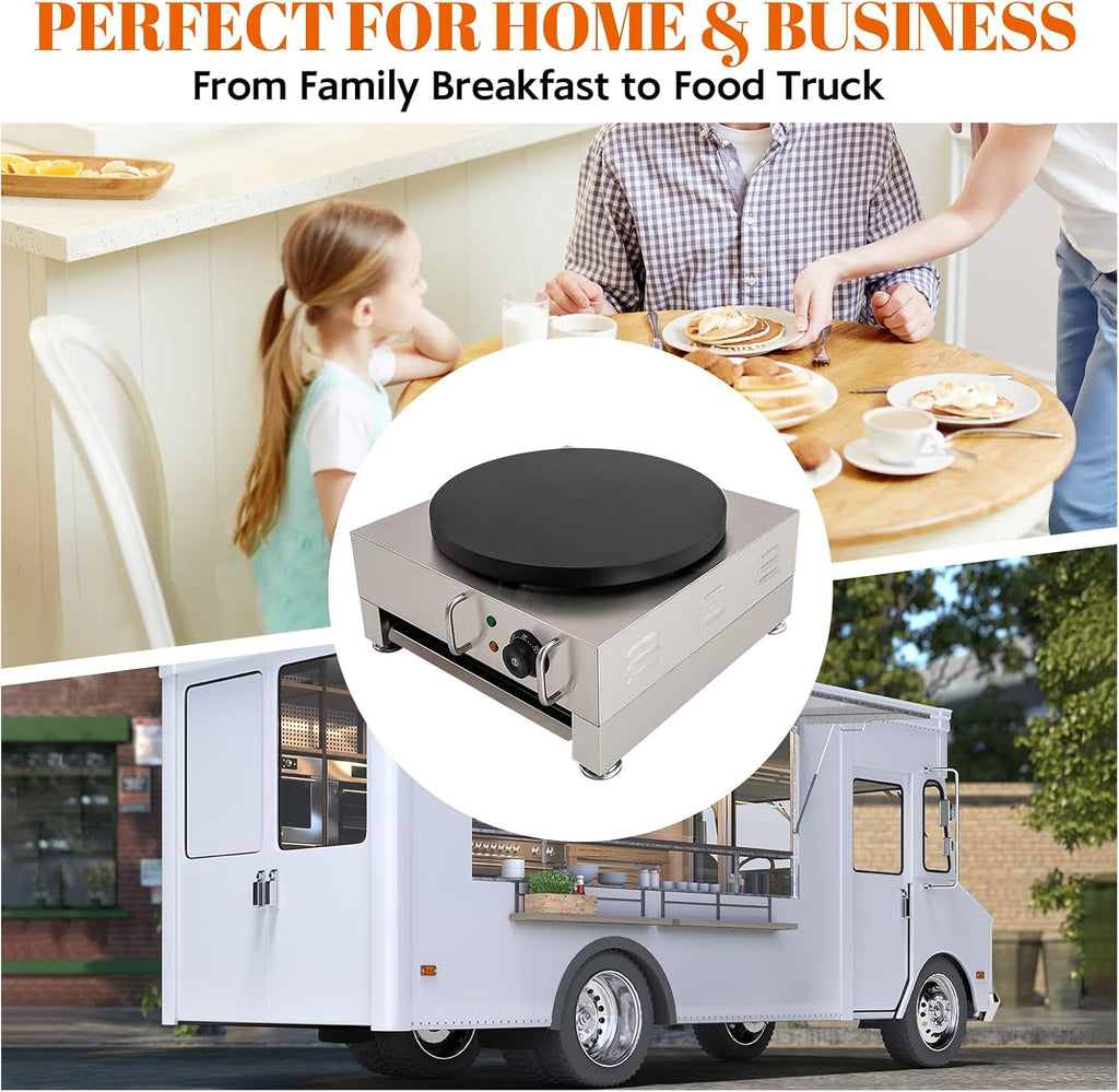 16-Inch Electric Crepe Maker 2200W Commercial Griddle Machine, Flat Plate Crepe Griddle Non-stick Cast Iron Suace with Adjustable Temp Desktop Circular Pancake Stove
