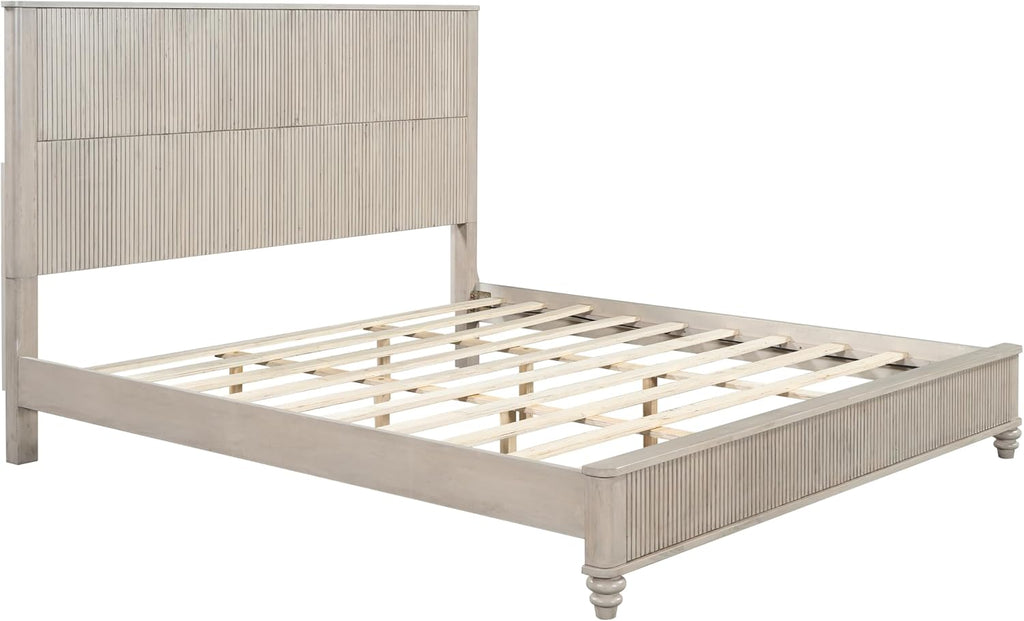 King Size Solid Wood Platform Bed Frame, Wood Platform Bed Frame with 79.13' Headboard, Solid Wood Leg/No Box Spring Needed/Noise Free/Beige
