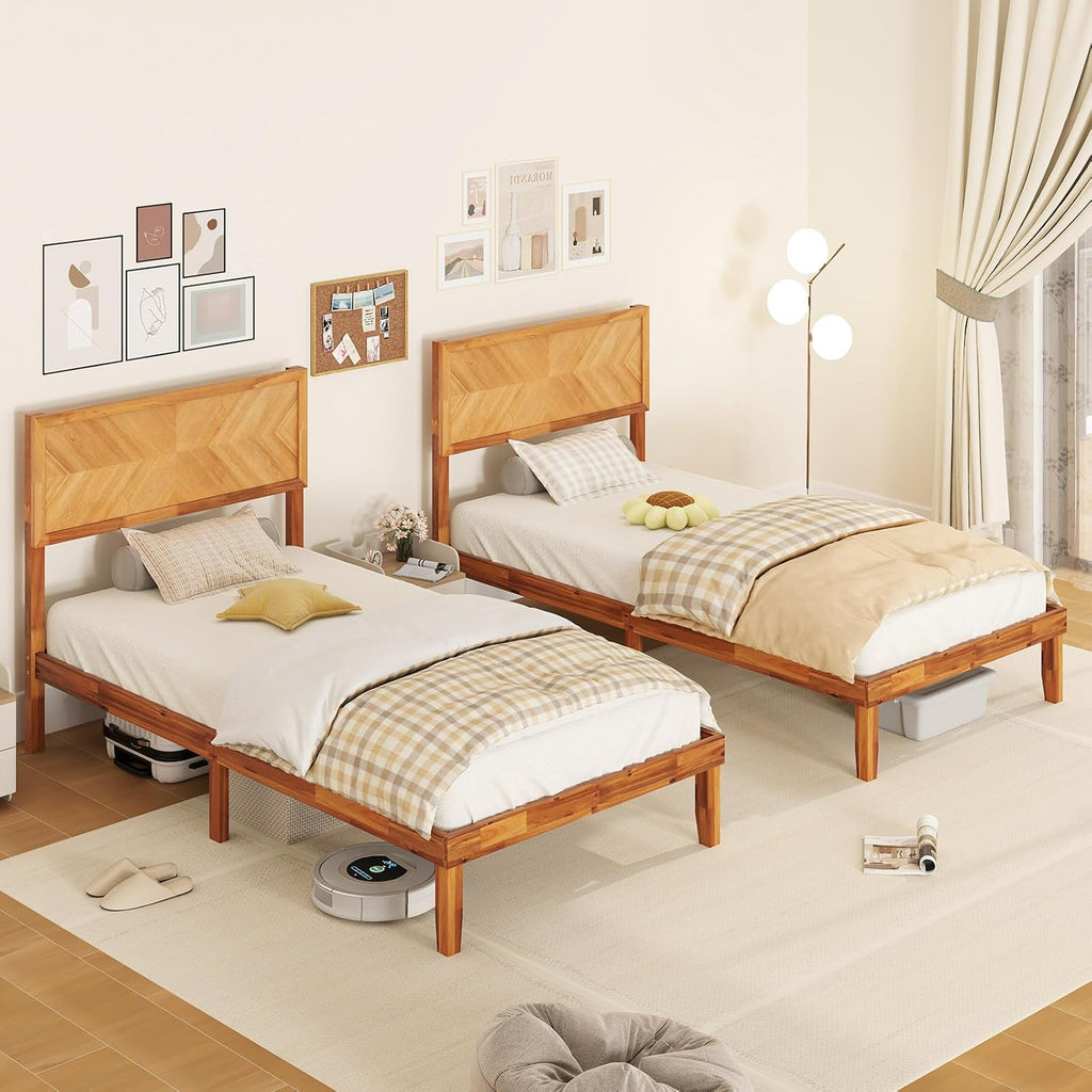 Giantex Wood Twin Bed Frames with Headboard, Solid Acacia Wood Platform Bed with 12 Strong Wooden Slat Support, Scandinavian Style Art Deco Twin Size Bed Frame, No Box Spring Needed, Rustic Brown