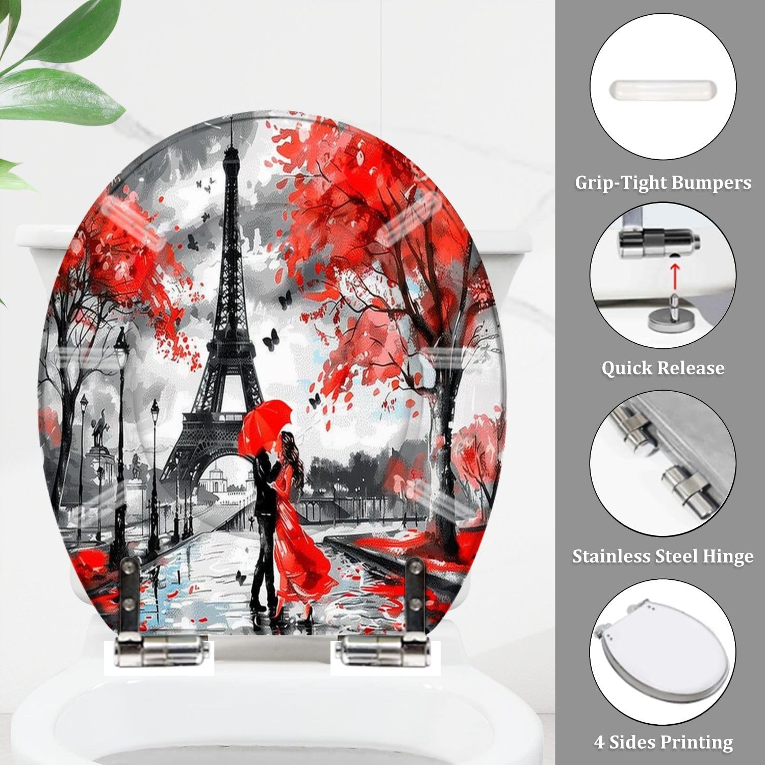 Round Toilet Seat Oil Paris european city landscape France tower Black white red Modern Resin Toilet Seat Quietly Close Quick Release Hinges Decorative Toilet Seat with Cover Easy to Install