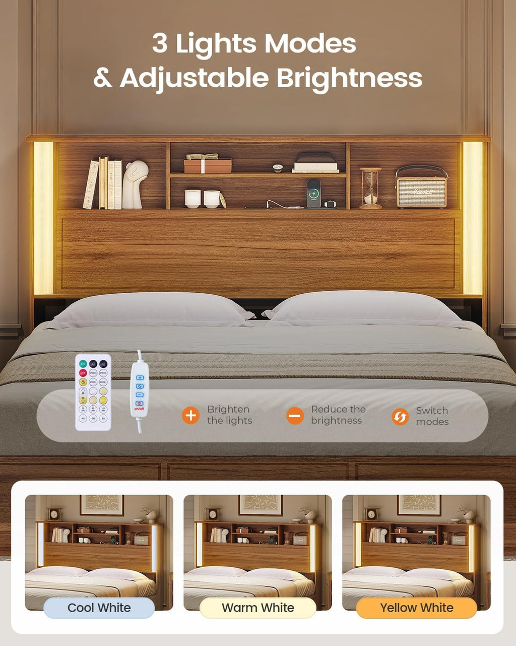 AOGLLATI Queen Bed Frame with 4 Storage Drawers and 3 Tier Storage Headboard, Wooden Bed Frame Queen Size with Charging Station and Led Lights, No Box Spring Needed,Wood