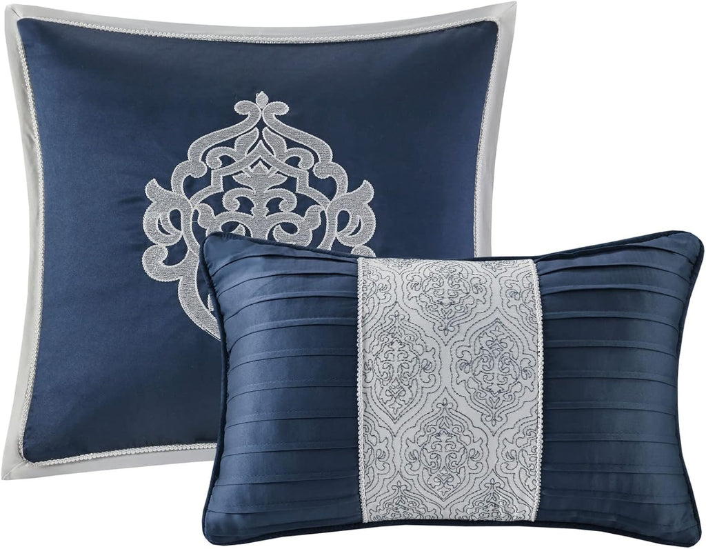 Madison Park Tesla Cozy Comforter Set Jacquard Damask Medallion Design - All Season Down Alternative Bedding, Shams, Bedskirt, Decorative Pillows, King, Navy 6 Piece