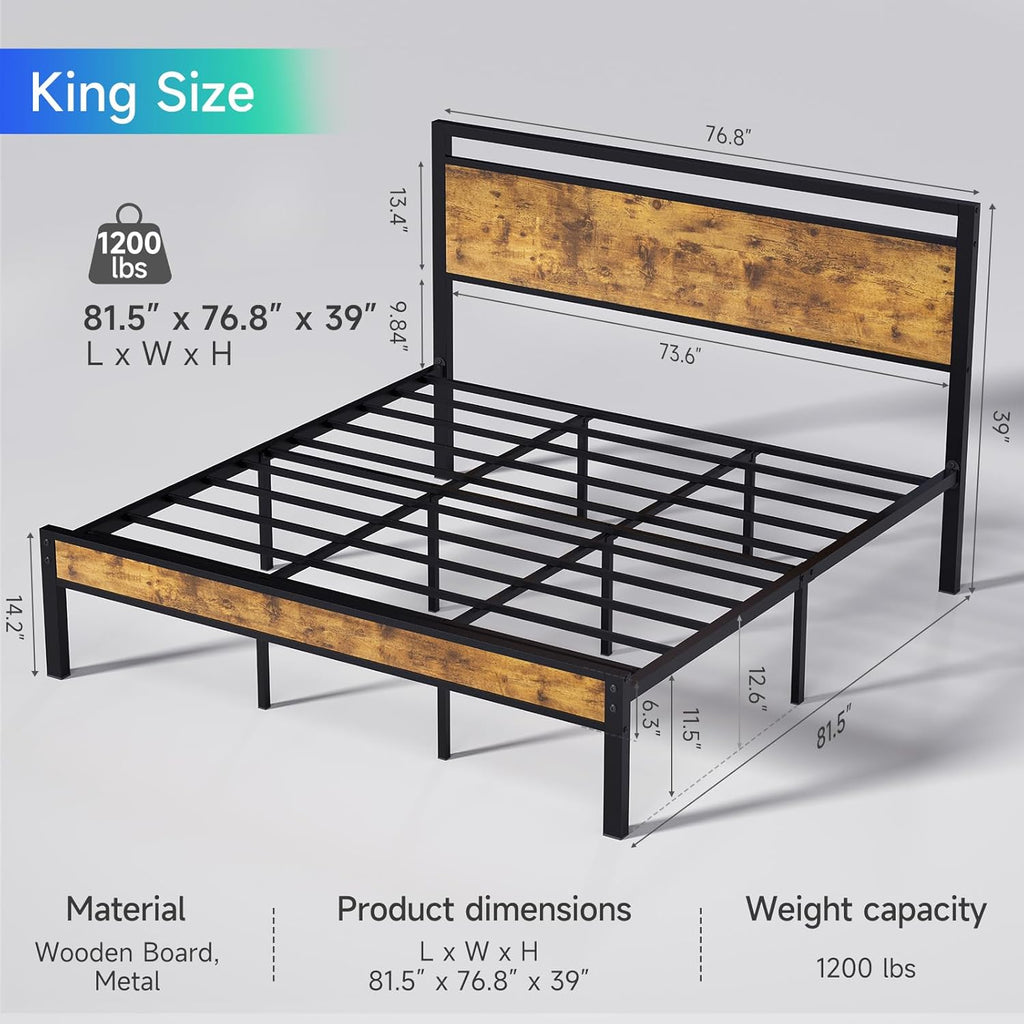 King Metal Bed Frame with Wooden Headboard and Footboard, Heavy Duty Platform Frame with Metal Slats, No Box Spring Needed, Quiet and Non-Slip Design, Space Saving Bed Frame for Bedroom, Vintage Brown