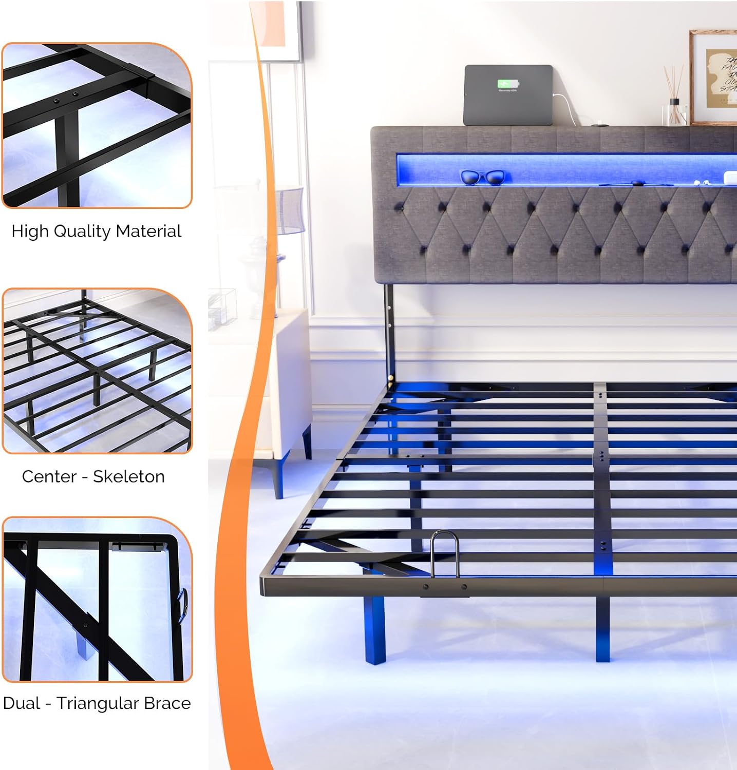 VINGLI Full Size Floating Bed Frame with Charging Station,Modern Metal Full Bed with led Lights,Easy Assembly,No Box Spring Needed,Adjustable Headboard,Upholstered Bed Frame for Adults, Kids