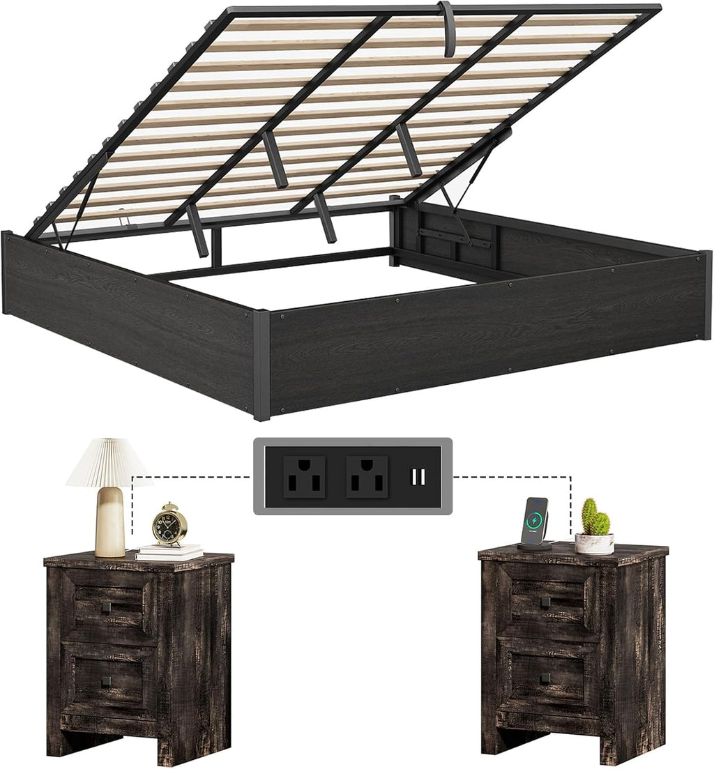 LUXOAK 3 Pieces Bedroom Sets, Includes King Size Lift Up Storage Platform Bed Frame, 2 Drawers Farmhouse Nightstand Set of 2 with Charging Station, No Box Spring Needed, Black